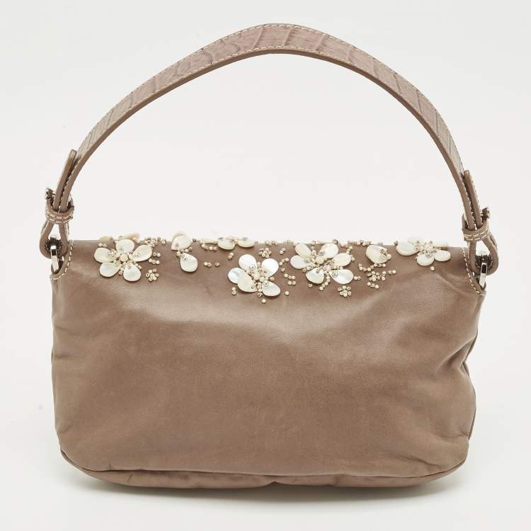 Pre Owned Valentino Beige Croc Embossed and Leather Pearl Embellished VLogo Shoulder Bag