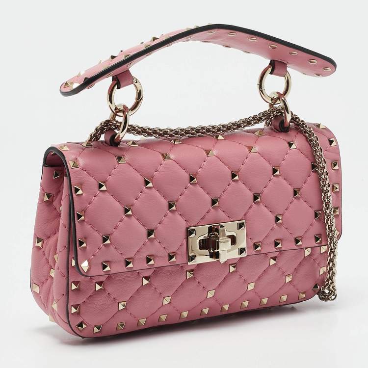 Pre Owned Valentino Pink Quilted Leather Small Rockstud Spike Chain Bag