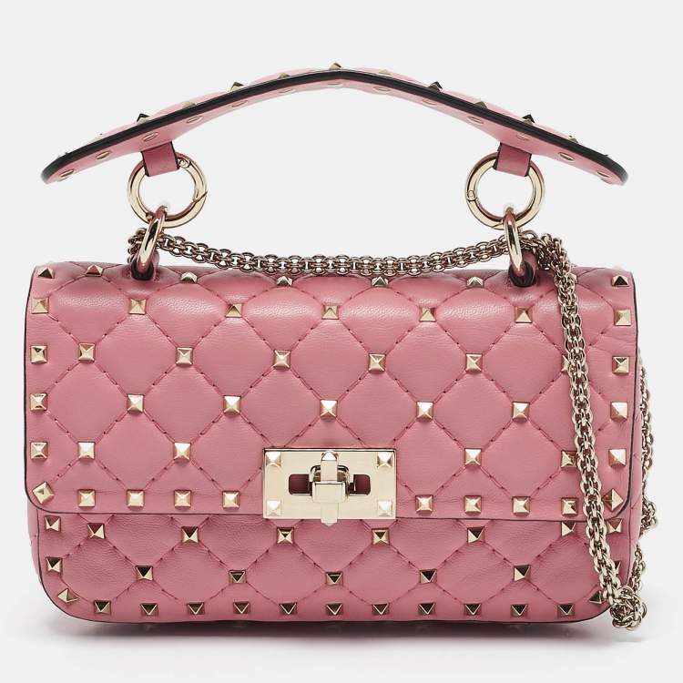 Pre Owned Valentino Pink Quilted Leather Small Rockstud Spike Chain Bag