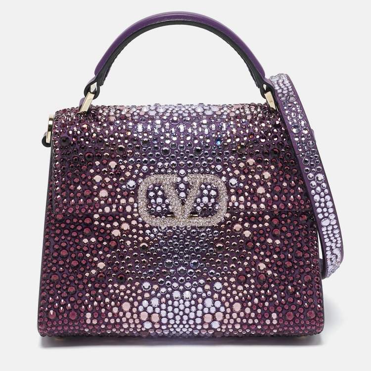 Pre Owned Valentino Purple Suede Crystal Embellished Mini VSling Top Handle Bag