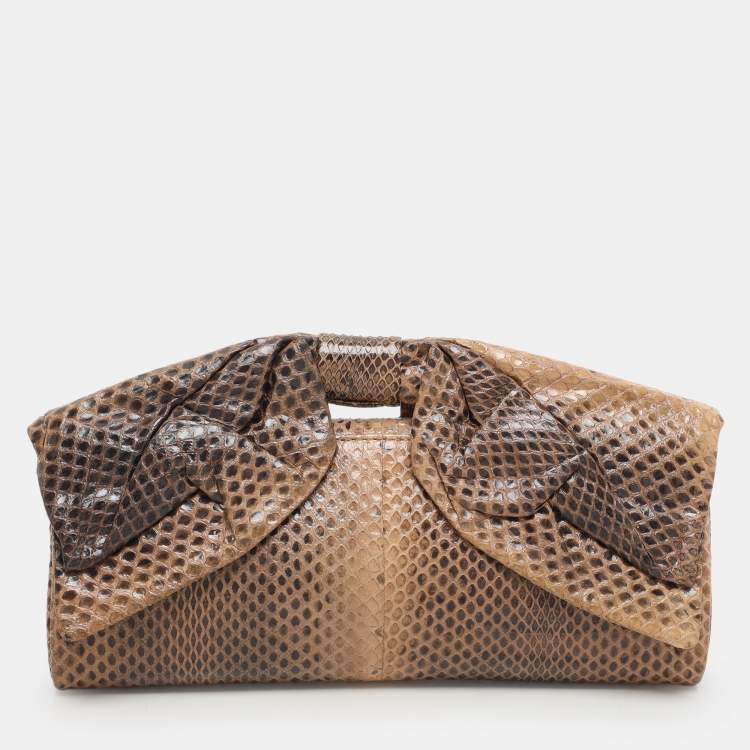 Pre Owned Valentino Brown/Beige Python Bow Clutch