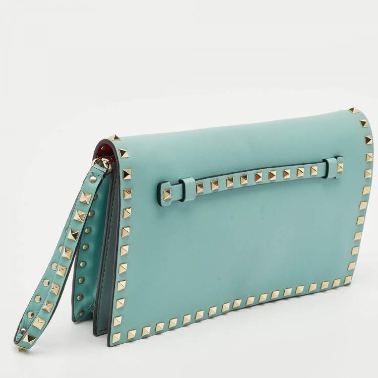 Pre Owned Valentino Light Green Leather Rockstud Flap Wristlet Clutch