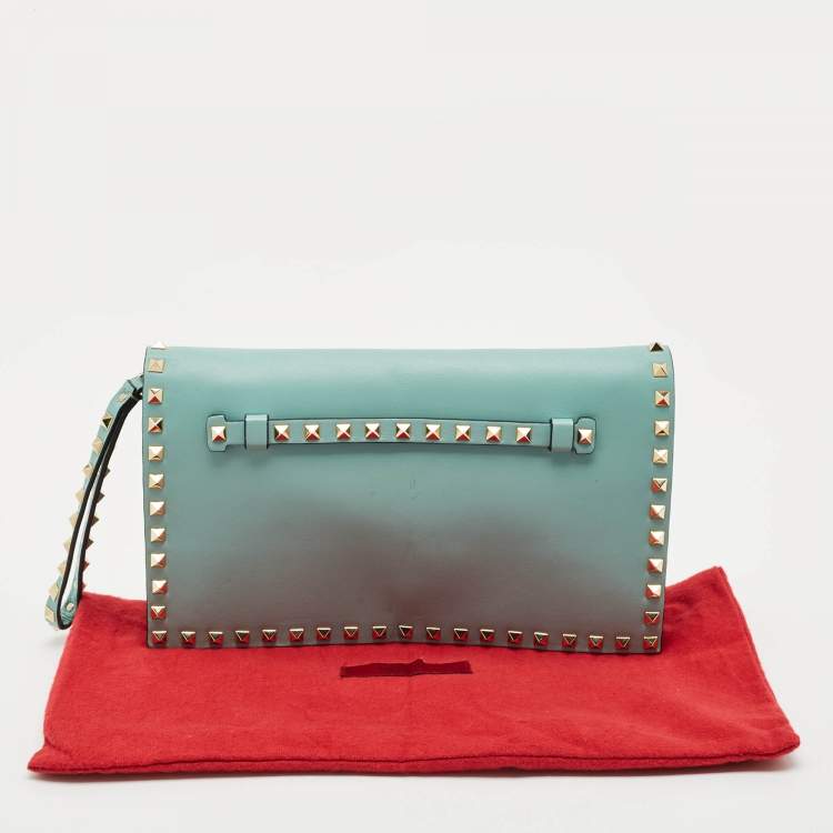 Pre Owned Valentino Light Green Leather Rockstud Flap Wristlet Clutch