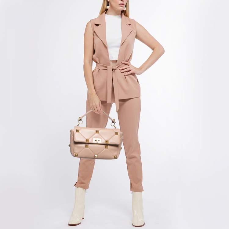 Pre Owned Valentino Beige Leather Large Roman Stud Shoulder Bag
