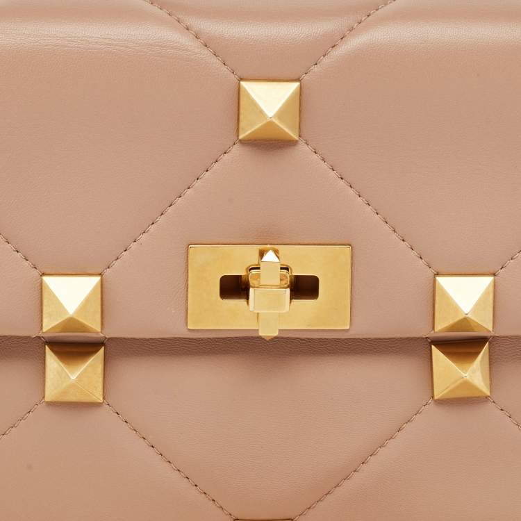 Pre Owned Valentino Beige Leather Large Roman Stud Shoulder Bag