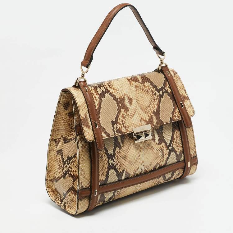 Pre Owned Valentino Cream/Brown Leather and Python Rockstud Flap Tote