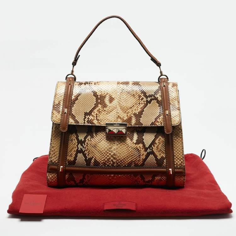 Pre Owned Valentino Cream/Brown Leather and Python Rockstud Flap Tote
