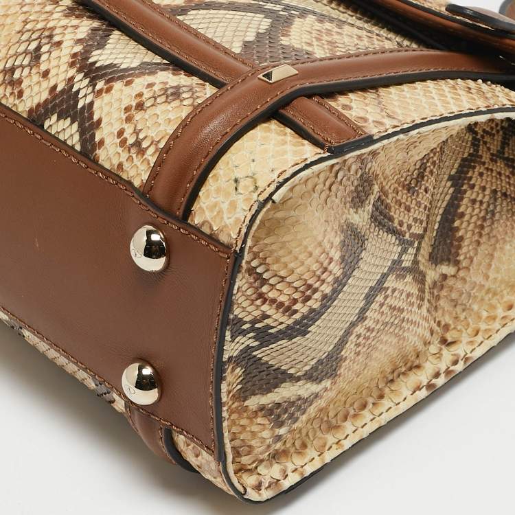 Pre Owned Valentino Cream/Brown Leather and Python Rockstud Flap Tote