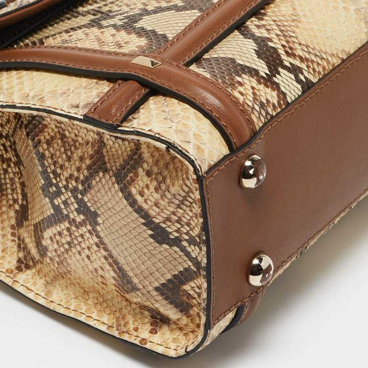 Pre Owned Valentino Cream/Brown Leather and Python Rockstud Flap Tote