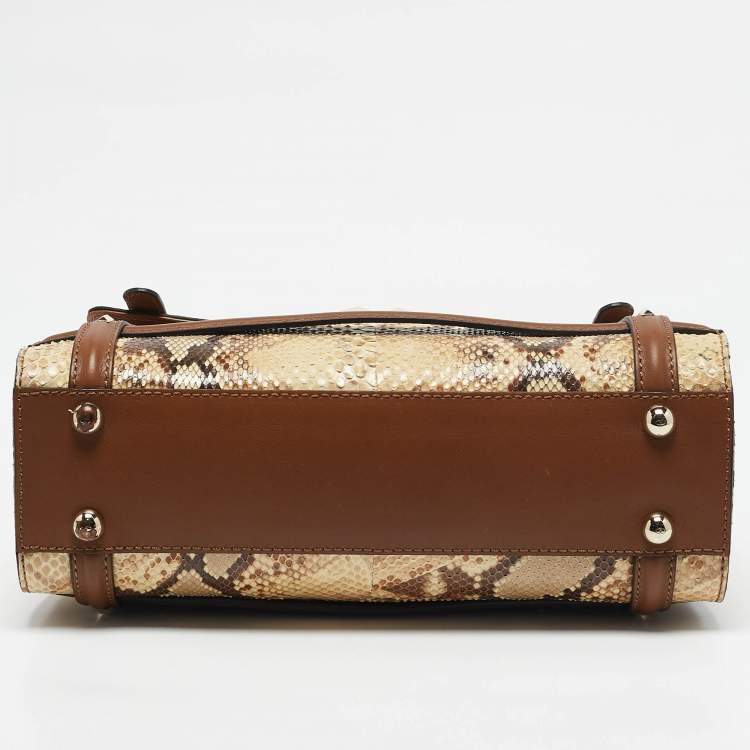 Pre Owned Valentino Cream/Brown Leather and Python Rockstud Flap Tote