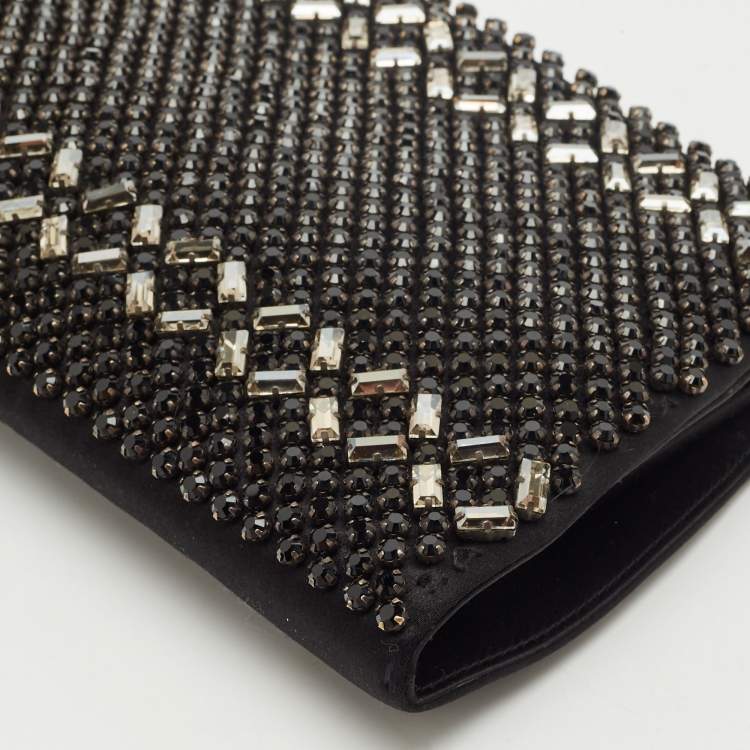 Pre Owned Valentino Black Satin Crystals Frame Chain Clutch