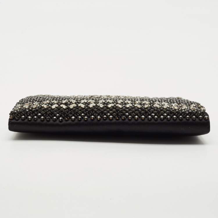 Pre Owned Valentino Black Satin Crystals Frame Chain Clutch
