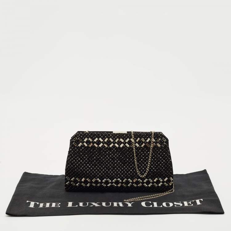Pre Owned Valentino Black Satin Crystals Frame Chain Clutch