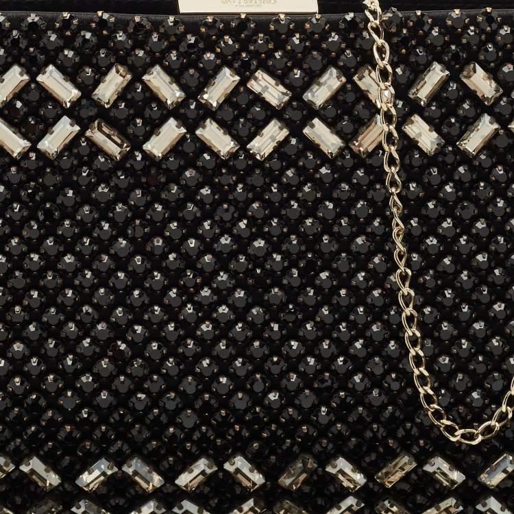 Pre Owned Valentino Black Satin Crystals Frame Chain Clutch
