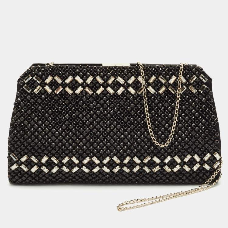 Pre Owned Valentino Black Satin Crystals Frame Chain Clutch