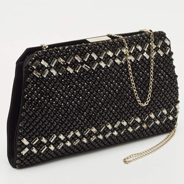 Pre Owned Valentino Black Satin Crystals Frame Chain Clutch