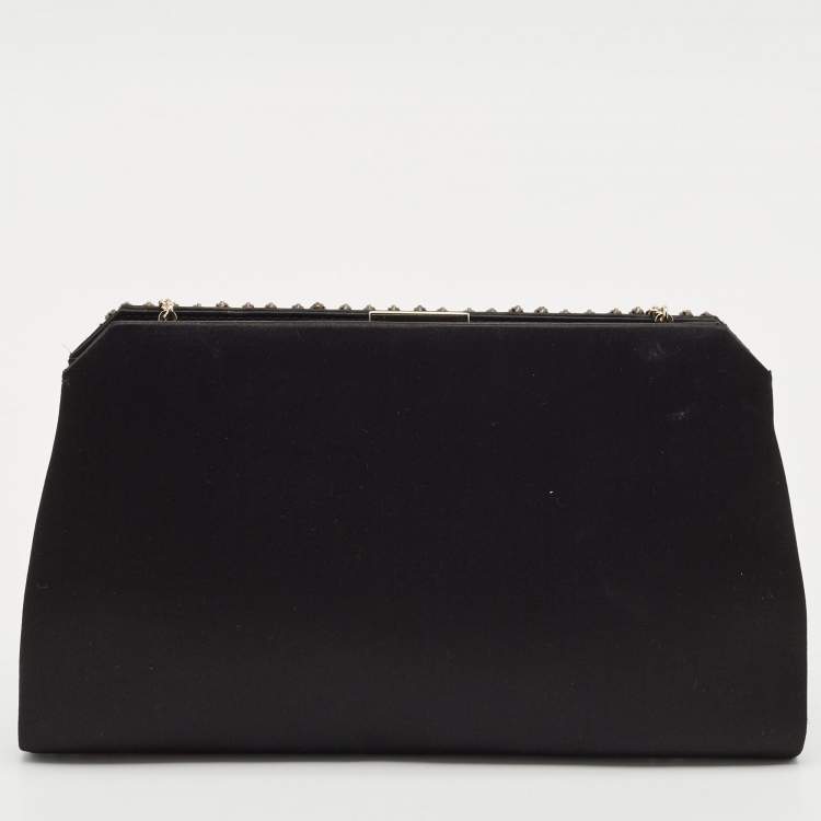 Pre Owned Valentino Black Satin Crystals Frame Chain Clutch