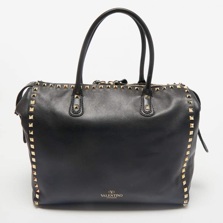 Pre Owned Valentino Black Leather Rockstud Zip Satchel