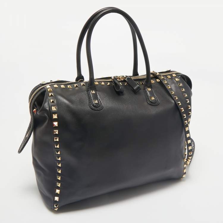 Pre Owned Valentino Black Leather Rockstud Zip Satchel