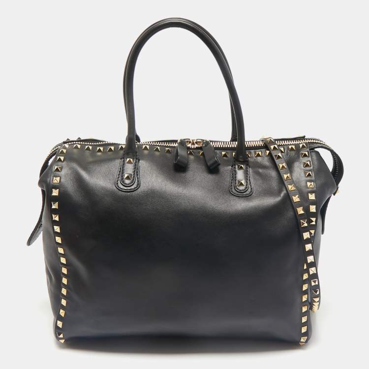 Pre Owned Valentino Black Leather Rockstud Zip Satchel