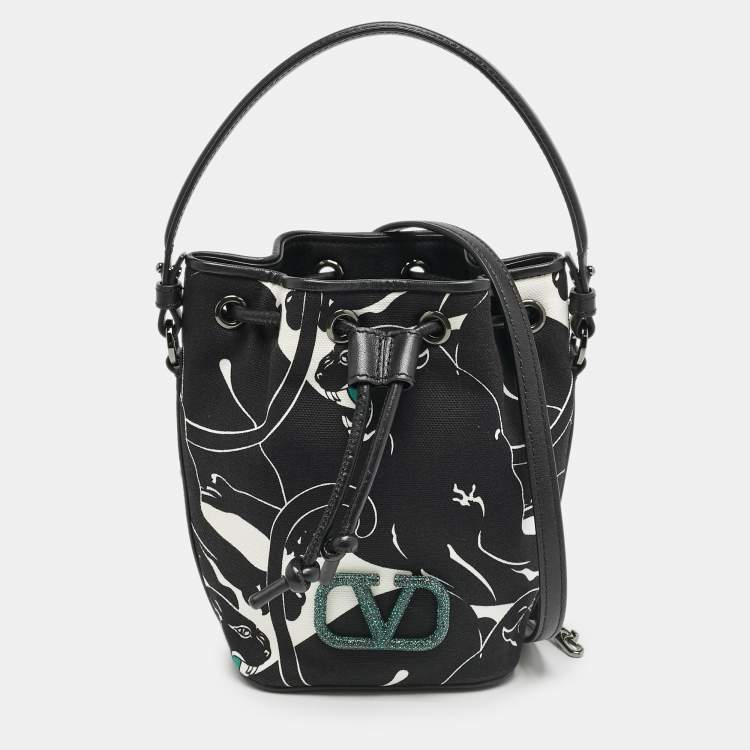 Pre Owned Valentino Black Panther Print Canvas Mini Escape Bucket Bag