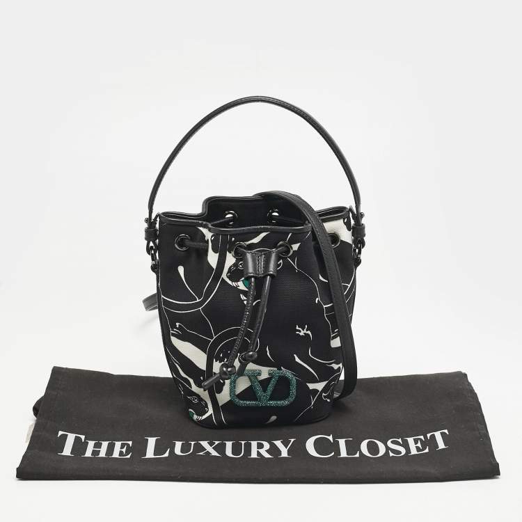 Pre Owned Valentino Black Panther Print Canvas Mini Escape Bucket Bag