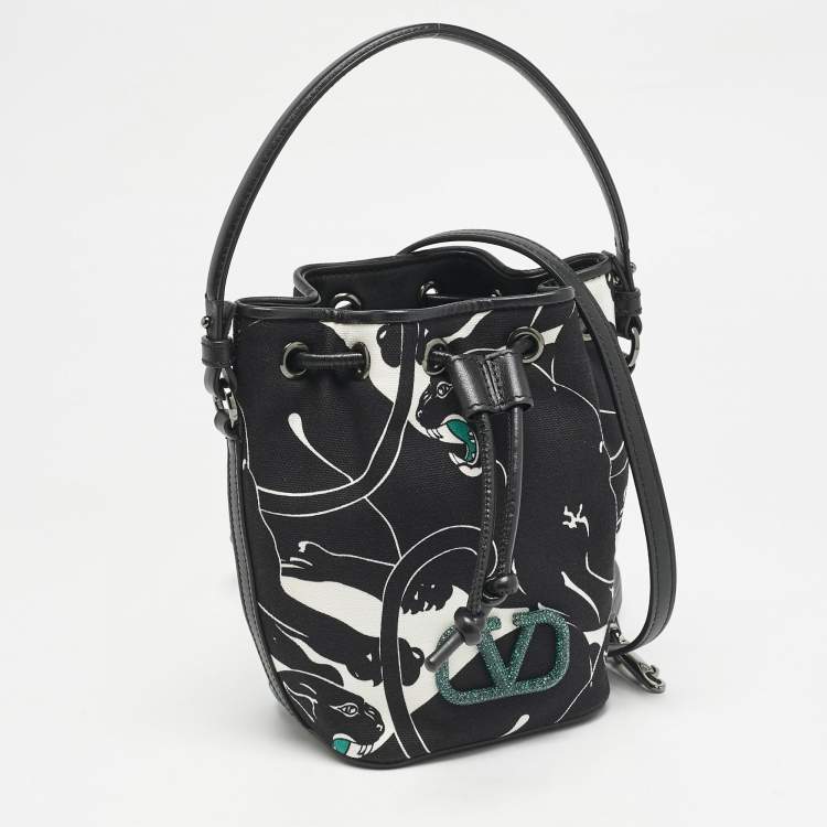 Pre Owned Valentino Black Panther Print Canvas Mini Escape Bucket Bag