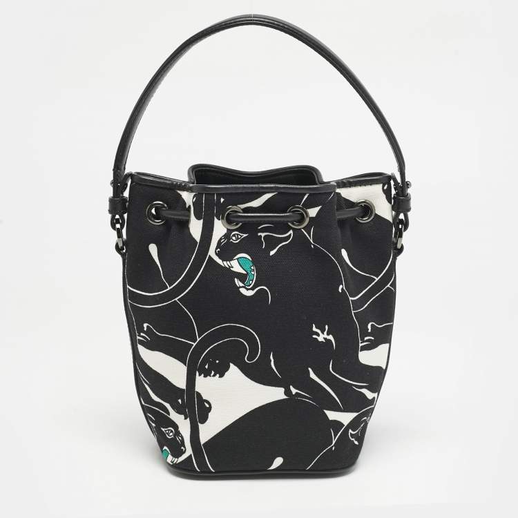 Pre Owned Valentino Black Panther Print Canvas Mini Escape Bucket Bag