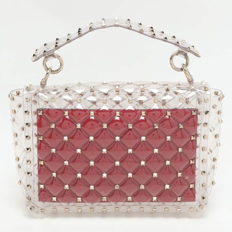 Pre Owned Valentino Clear/Red PVC Medium Rockstud Spike Top Handle Bag