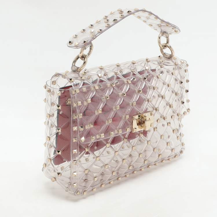 Pre Owned Valentino Clear/Red PVC Medium Rockstud Spike Top Handle Bag
