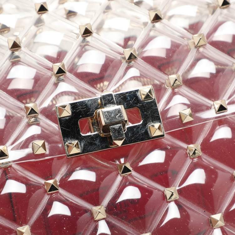 Pre Owned Valentino Clear/Red PVC Medium Rockstud Spike Top Handle Bag