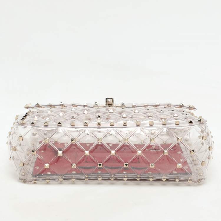 Pre Owned Valentino Clear/Red PVC Medium Rockstud Spike Top Handle Bag