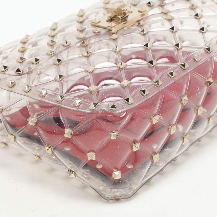Pre Owned Valentino Clear/Red PVC Medium Rockstud Spike Top Handle Bag