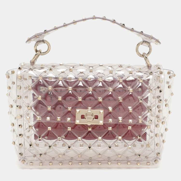 Pre Owned Valentino Clear/Red PVC Medium Rockstud Spike Top Handle Bag