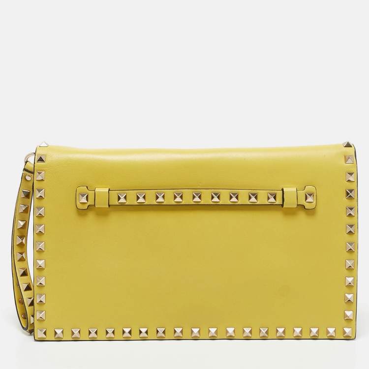 Pre Owned Valentino Yellow Leather Rockstud Flap Wristlet Clutch