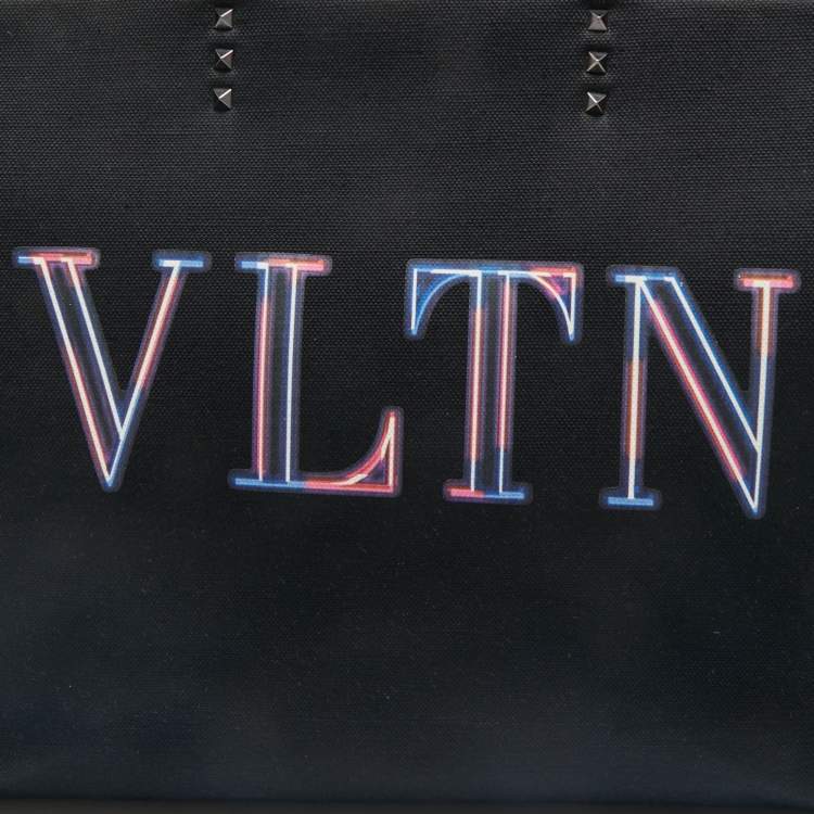 Pre Owned Valentino Dark Blue/Black Canvas and Leather VLTN Weekender Tote