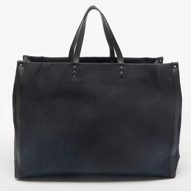 Pre Owned Valentino Dark Blue/Black Canvas and Leather VLTN Weekender Tote