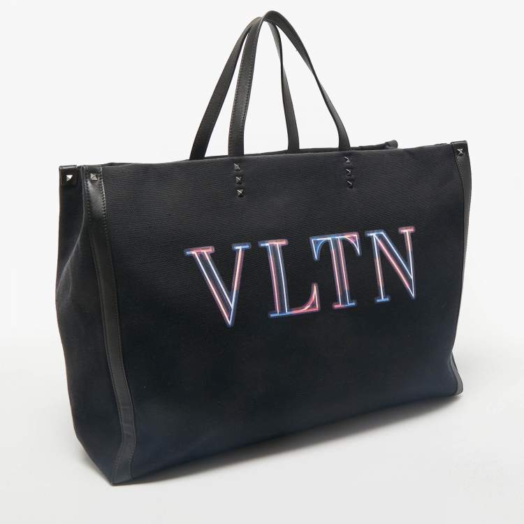Pre Owned Valentino Dark Blue/Black Canvas and Leather VLTN Weekender Tote
