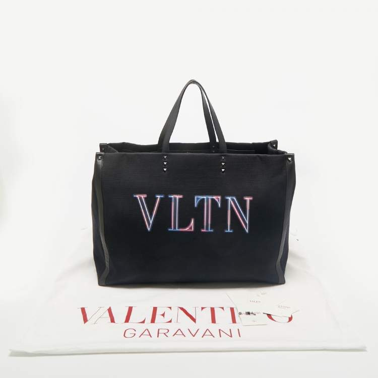 Pre Owned Valentino Dark Blue/Black Canvas and Leather VLTN Weekender Tote
