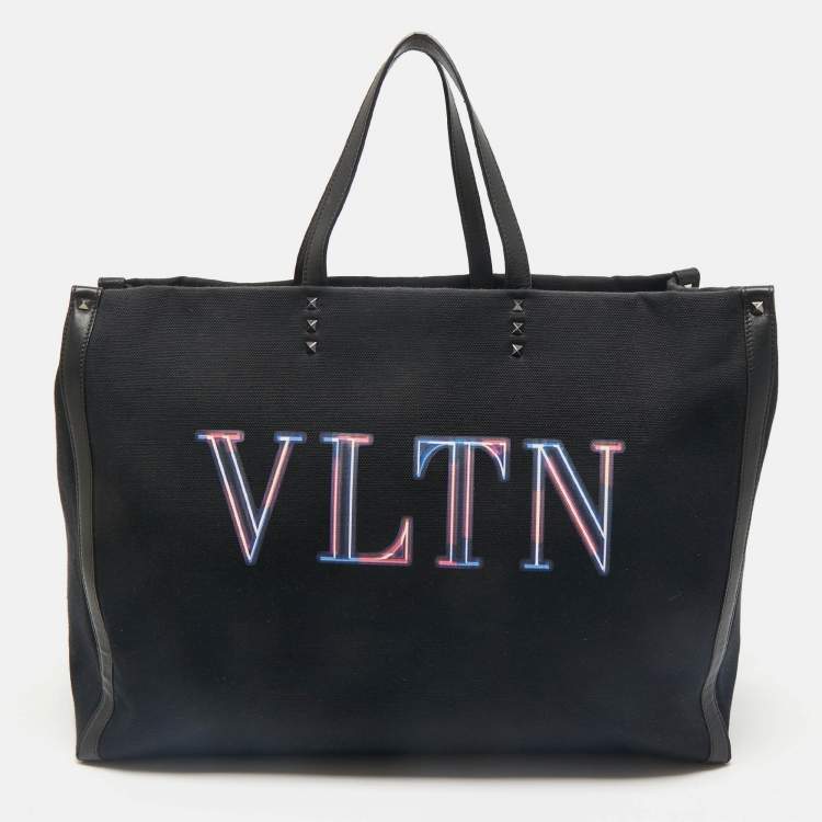 Pre Owned Valentino Dark Blue/Black Canvas and Leather VLTN Weekender Tote