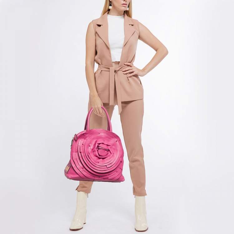 Pre Owned Valentino Petale Rose Fuchsia Leather Dome Satchel