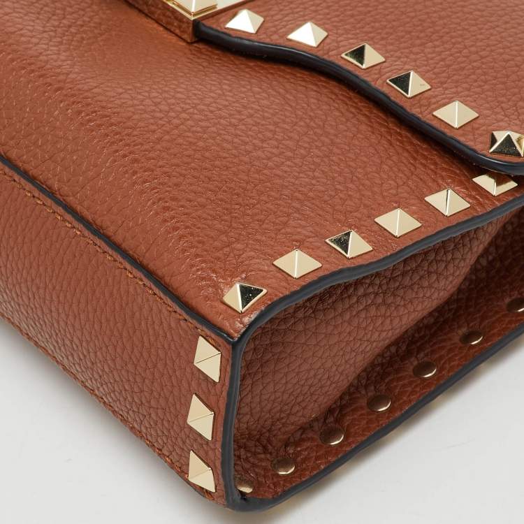 Pre Owned Valentino Brown Leather Rockstud Flap Crossbody Bag