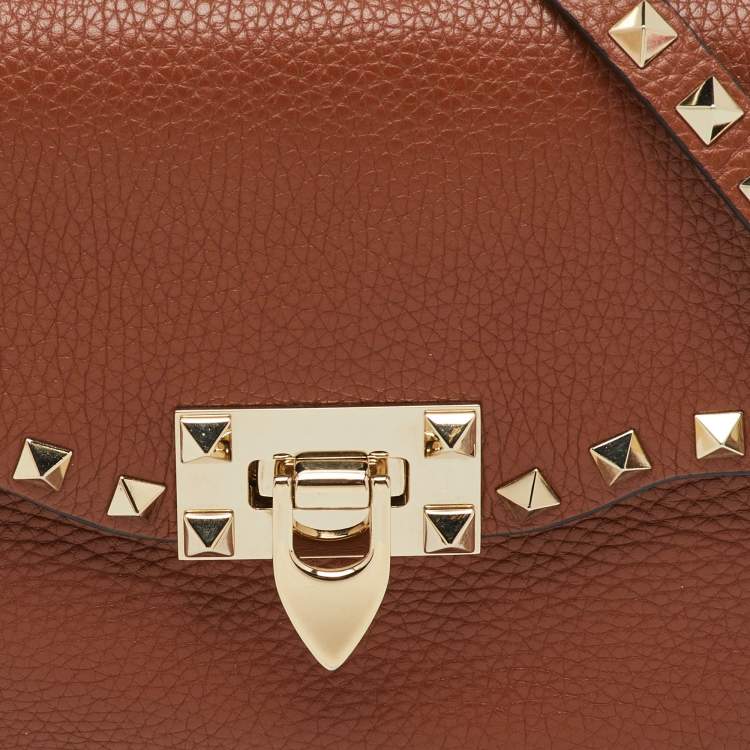 Pre Owned Valentino Brown Leather Rockstud Flap Crossbody Bag