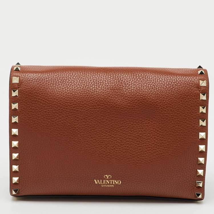 Pre Owned Valentino Brown Leather Rockstud Flap Crossbody Bag
