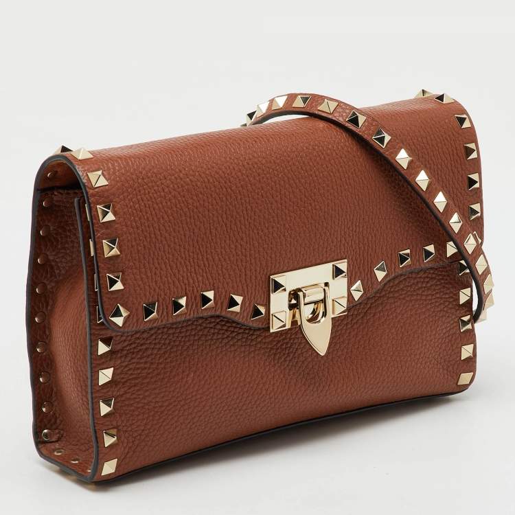 Pre Owned Valentino Brown Leather Rockstud Flap Crossbody Bag