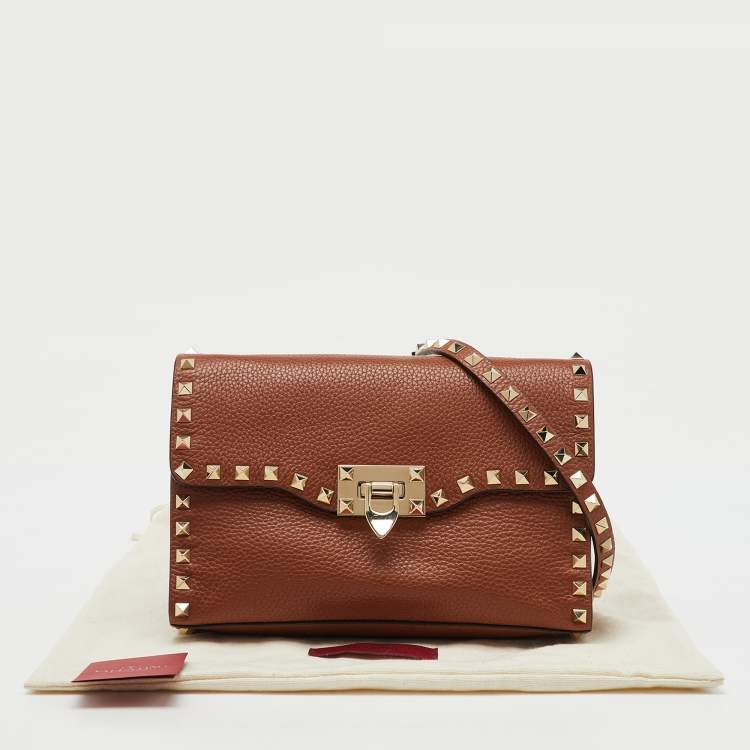 Pre Owned Valentino Brown Leather Rockstud Flap Crossbody Bag