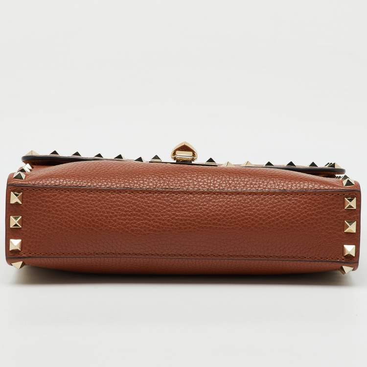 Pre Owned Valentino Brown Leather Rockstud Flap Crossbody Bag