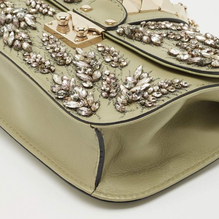 Pre Owned Valentino Olive Green Leather Small Rockstud Glam Lock Crystals Flap Bag