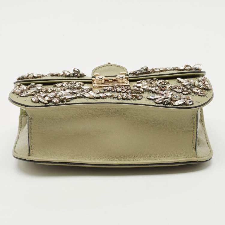 Pre Owned Valentino Olive Green Leather Small Rockstud Glam Lock Crystals Flap Bag