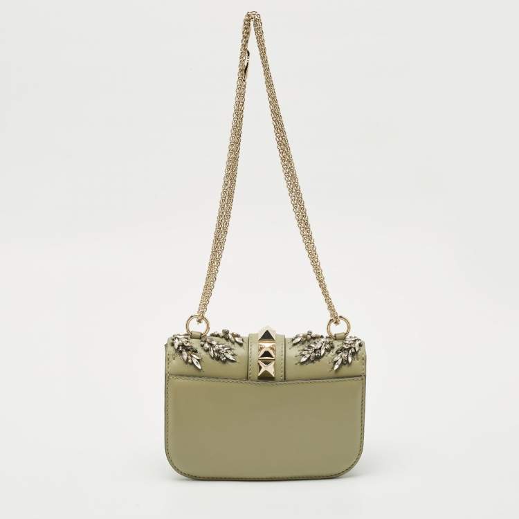Pre Owned Valentino Olive Green Leather Small Rockstud Glam Lock Crystals Flap Bag